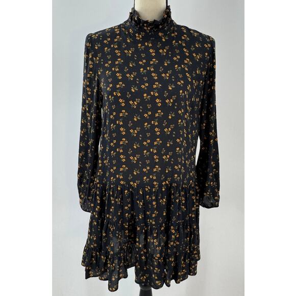 Zara Black Orange Gold Floral Ruffle Mini Dress Long Sleeve Print Cottagecore S - Picture 1 of 7